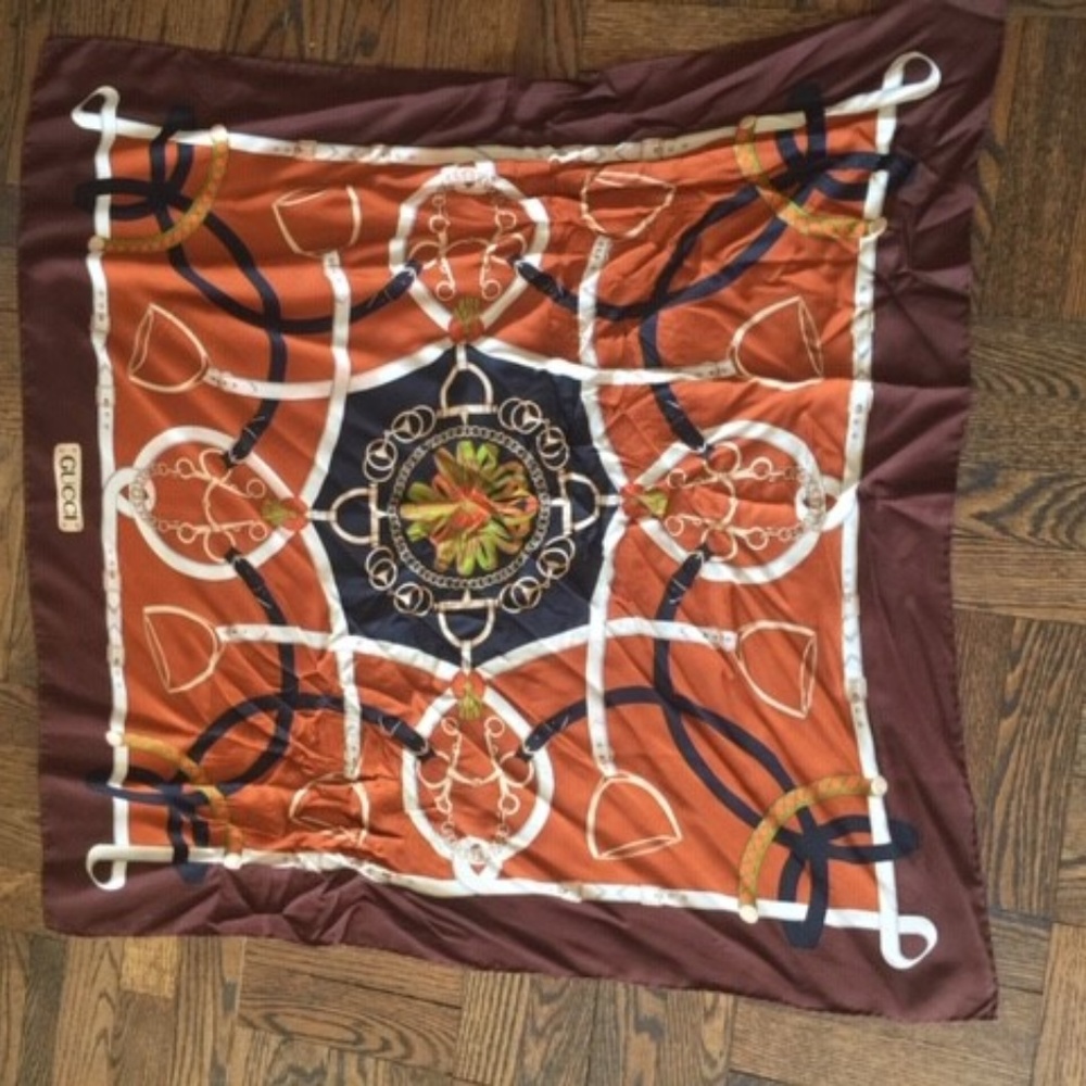 Gucci Silk Scarf Brown Horsehoe Print